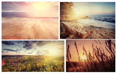 vintage nature picture set with ocean,  flowers and rocks on  sunset