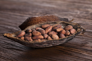 Cocoa pod on wooden table