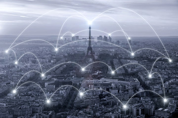 Fototapeta na wymiar Network business connection system in Paris city in France
