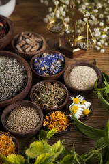 Herbs medicine and vintage wooden desk background