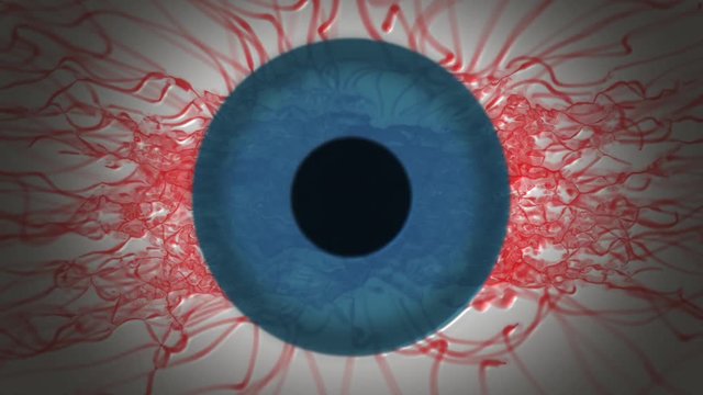 Loop of an abstract eye animation with red veins twisting and eye lids blinking.
