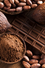 Cocoa pod and chocolate bar and food dessert background