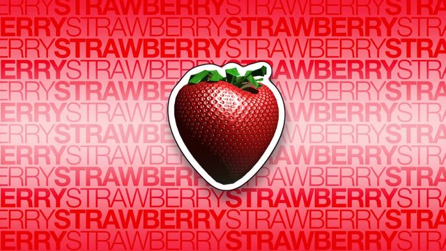 A rotating strawberry over a text background. 10 second loop.