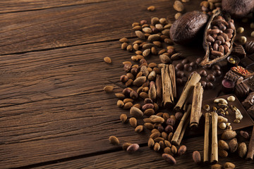 Aromatic cocoa, powder and Dark chocolate background