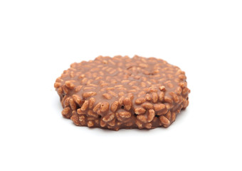 Chocolate Crisp Rice and Caramel Cake on a White Background