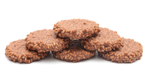 Chocolate Crisp Rice and Caramel Cake on a White Background