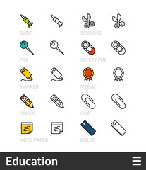 Black and color outline icons, thin stroke line style design