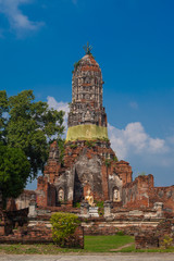 Fototapeta na wymiar Buddha statue and a ruined building of Wat Choeng Tha Temple, province Ayutthaya, inThailand