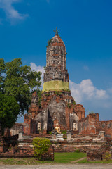 Buddha statue and a ruined building of Wat Choeng Tha Temple, province Ayutthaya, inThailand