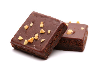 Chocolate Brownies with Nuts on Top on a White Background
