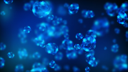 Atom icon. Shining nuclear model on dark background. Glowing energy balls.