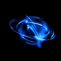 Atom icon. Shining nuclear model on dark background. Glowing energy balls.