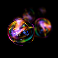 Atom icon. Shining nuclear model on dark background. Glowing energy balls.