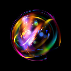 Atom icon. Shining nuclear model on dark background. Glowing energy balls.