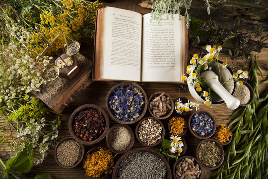 Book and Herbal medicine on wooden table background