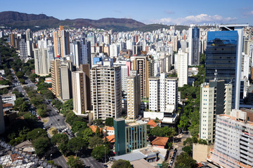 Fototapeta na wymiar View of the city of Belo Horizonte, especially Curral hills and Afonso Pena Avenue. Belo Horizonte, Minas Gerais, Brazil. May 2016