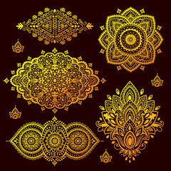 Set of Indian floral ornaments. Mandala. Henna