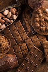 Bars Chocolate , candy sweet, dessert food on wooden background