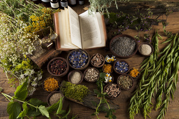 Herbal medicine and book on wooden table background