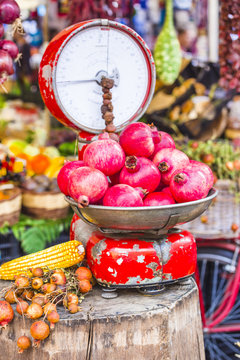Fruit market with old scales and garnet in Campo di Fiori, Rome