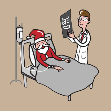Doctor with x-ray film and Santa cartoon drawing