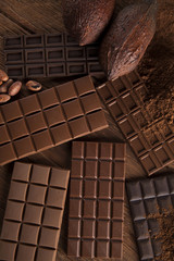 Chocolate sweet, cocoa pod and food dessert background