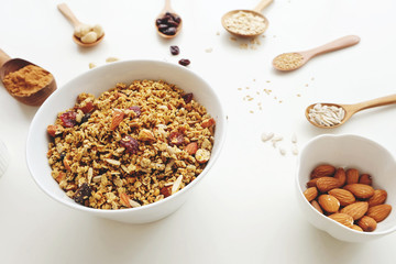 Cashew nuts, raisins, oats, honey, almonds, cinnamon and seeds