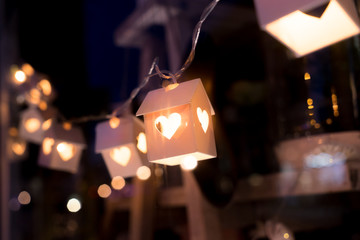 Wood home model with lighting, house concept