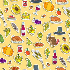 Seamless pattern with simple icons on a theme kitchen accessories and food , color icon in the form of stickerson on a blue background 
