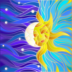 Naklejki  Ilustracja w stylu witrażu, abstrakcyjne słońce i księżyc na niebie