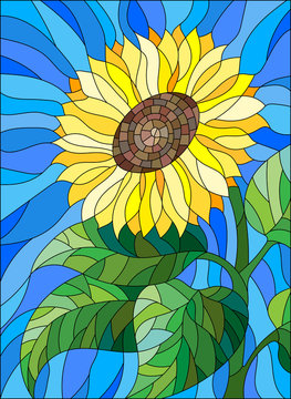 Illustration in stained glass style flower sunflower on a blue background