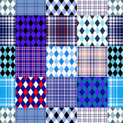 Seamless plaid and argyle patchwork pattern in nautical palette of blue, white and red. Collage quilt check print for bedding sets, throws, mats, rugs, mural decor.