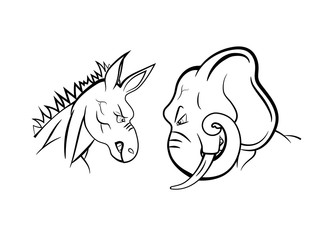 The heads of United States democratic and republican mascots one versus another head to head symbolize struggle between political parties