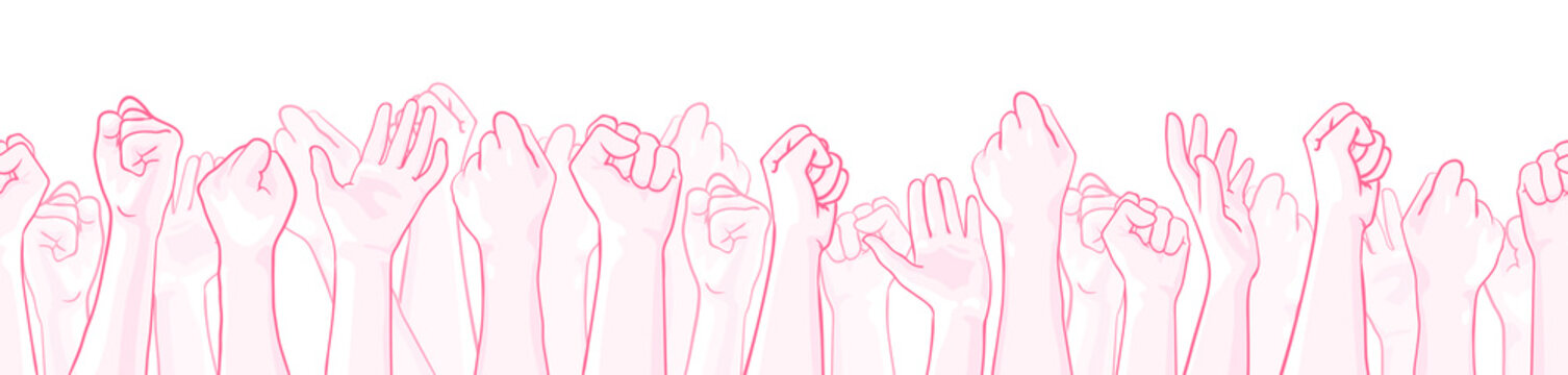 Pink extra wide seamless border with raised hands of many people, support symbol. Vector hand drawn illustration, isolated on white. Design element for October, National Breast Cancer Awareness Month