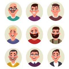 Set of male avatars. Young, middle, mature age. Vector illustrat