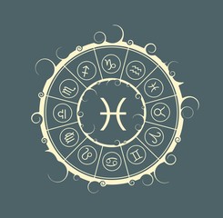 Astrological symbols in the circle. Vector illustration. Fish sign