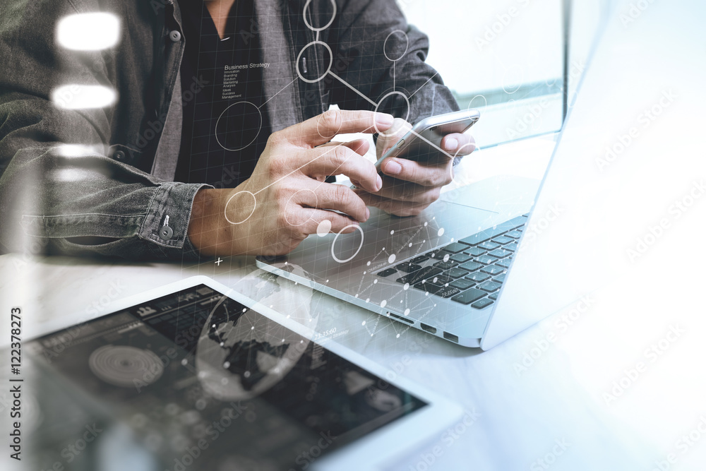 Poster website designer working digital tablet and computer laptop wit
