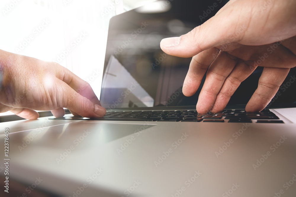 Aufkleber close up of business man hand working on blank screen laptop com