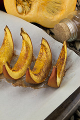 Pumpkin slices baked with cinnamon and sugar. Thanksgiving dinner. Fall harvest. Fall festival.