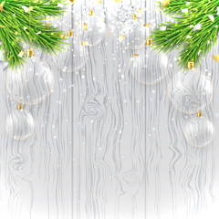 Christmas banner with glass toys. Elegant vector illustration with place for text. Happy New Year background with silver and gold confetti and shining lights. Xmas wooden backdrop with fir branches