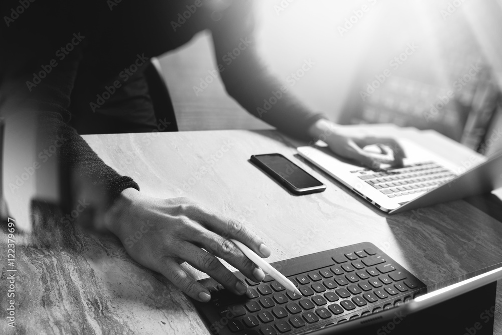 Aufkleber Website designer working digital tablet dock keyboard and comput