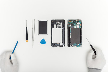 mobile phone parts and repairing tools, technician workspace