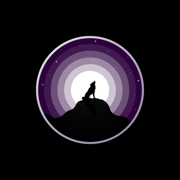 Wolf silhouette howling to the full moon. Simple vector illustration.