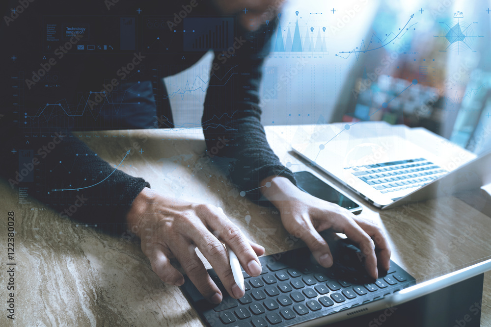 Poster Website designer working digital tablet dock keyboard and comput