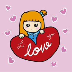 Cute girl and red heart cartoon illustration