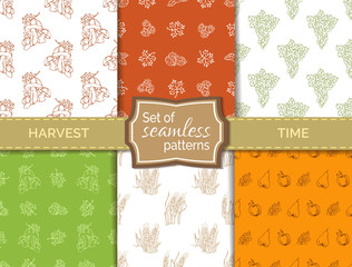 Vector set of seamless duotone harvest patterns.