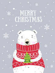 Merry Christmas! Hand drawn cute vector illustration white bear. Christmas greeting card. Polar bear and snow.