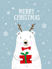 Merry Christmas! Hand drawn cute vector illustration white bear. Christmas greeting card. Polar bear and snow.