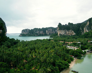 Travel vacation background - Tropical island with resorts view from above