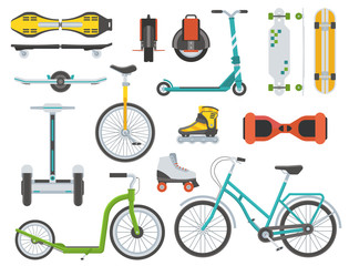 Collection of alternative transport. City wheels and bikes. Kick scooter, monowheel, bicycle, skateboard, longboard, gyroscooter, roller skates, balance board and seagway. Eco vehicles set. © krugli